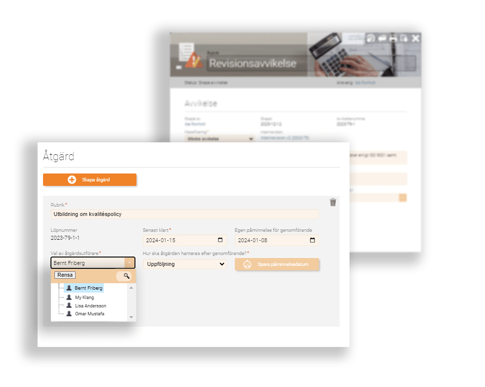 Distribute responsibility for created deviations and actions in Add internal audit 